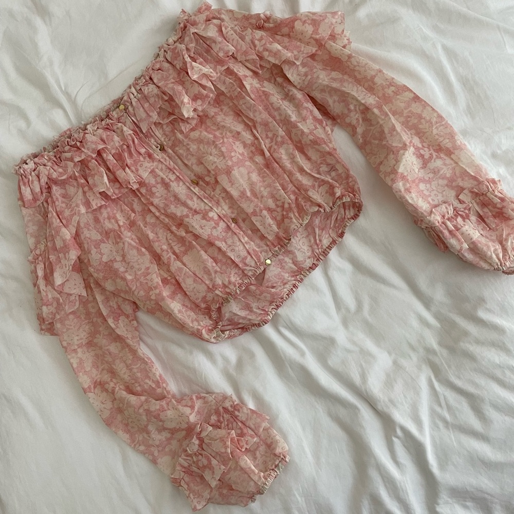 Loveshackfancy Printed Ruffle Off Shoulder Long S… - image 1